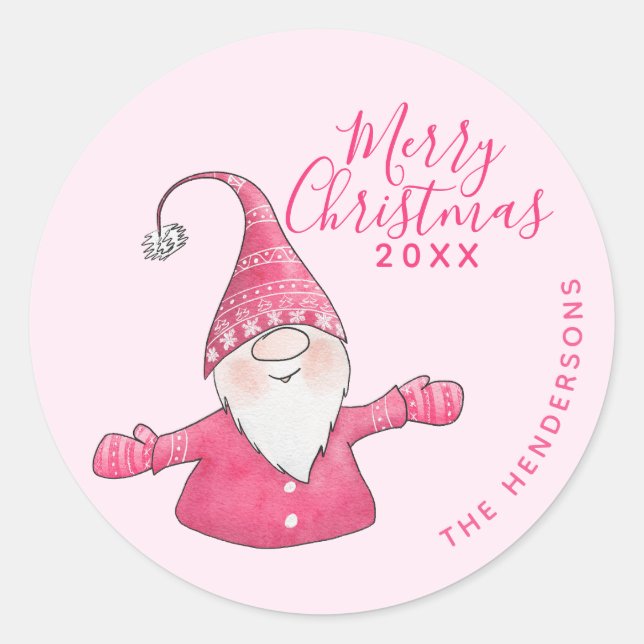 Festivrosa Niedlich Gnome Custom Frohe Weihnachten Runder Aufkleber (Vorderseite)