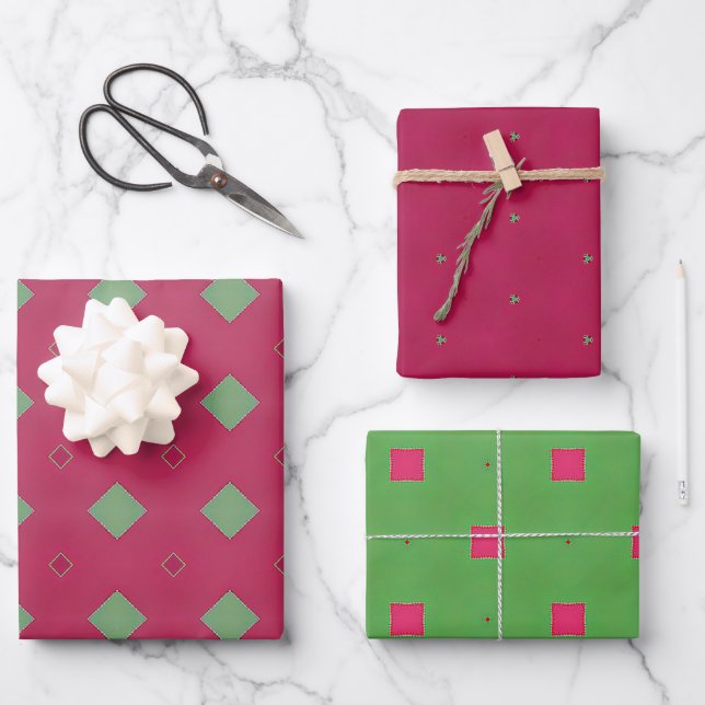 Festivrosa und grüne, lebendige Geometrie Geschenkpapier Set (Vorderseite)