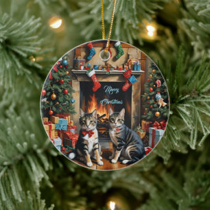 Festlich dekorierter Raum, Kamin, Katzen, Vintag Keramik Ornament