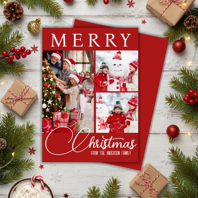 Festlich frohe Weihnachten drei Foto rot und weiß (Festive Merry Christmas Three Photo Red And White Holiday Card)