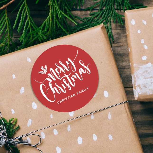 Festlich frohe Weihnachten Personalisiert Rot Runder Aufkleber (Festive Merry Christmas Personalized Red Classic Round Sticker)