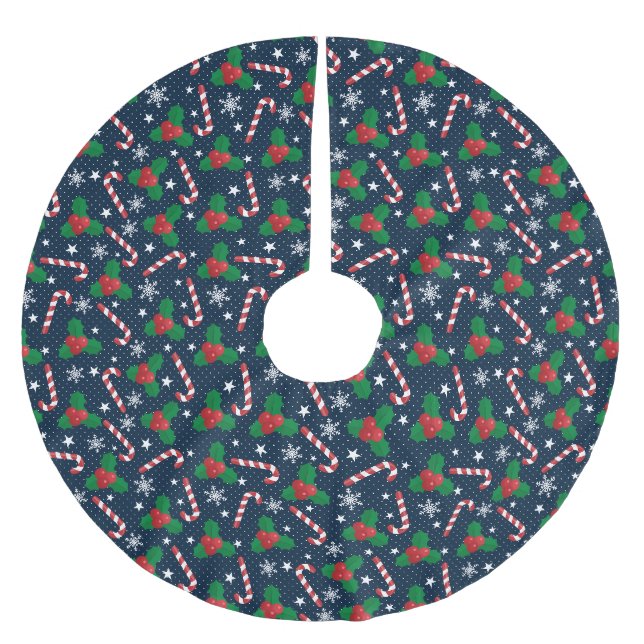 Festlich Holly Berry & Candy Cane Weihnachten Polyester Weihnachtsbaumdecke (Vorderseite)