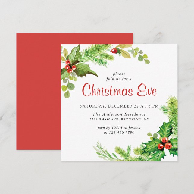 Festlich Holly Berry Holiday Christmas Eve Party Einladung (Vorne/Hinten)