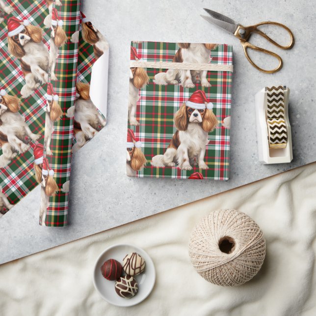 Festlich Kariert Cavalier Spaniel Santa Dog Weihna Geschenkpapier (Kunsthandwerk)