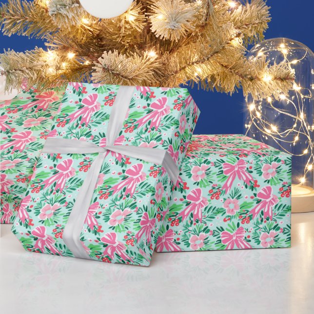Festlich rosa gekachelte Weihnachtsbogen Party Geschenkpapier (Feiertage)