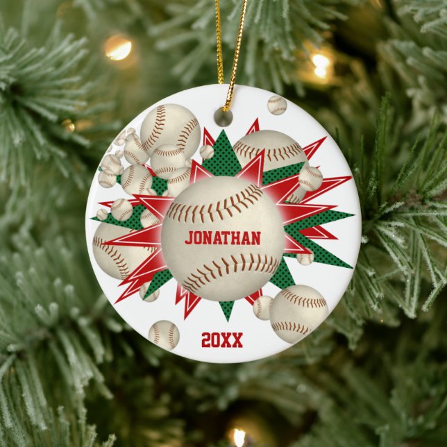 festlich roter Baseball-Softball-Blowout Keramik Ornament (Baum)
