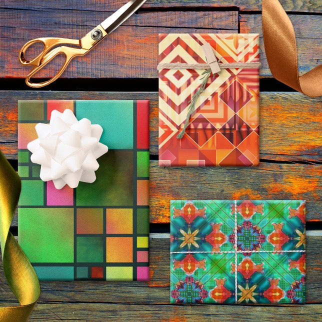 Festliche Abstrakte Kunstform Weihnachten Geschenkpapier Set (Festive and colorful Christmas abstract art wrapping paper sheets.)