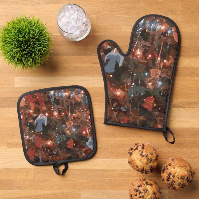 Festliche Abstrakte Nahe Weihnachtsbäume Ofenhandschuh & Topflappen-Set (Oben Unten)