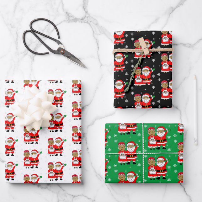 Festliche afroamerikanische Mr. und Mrs. Claus Chr Geschenkpapier Set (Vorderseite)