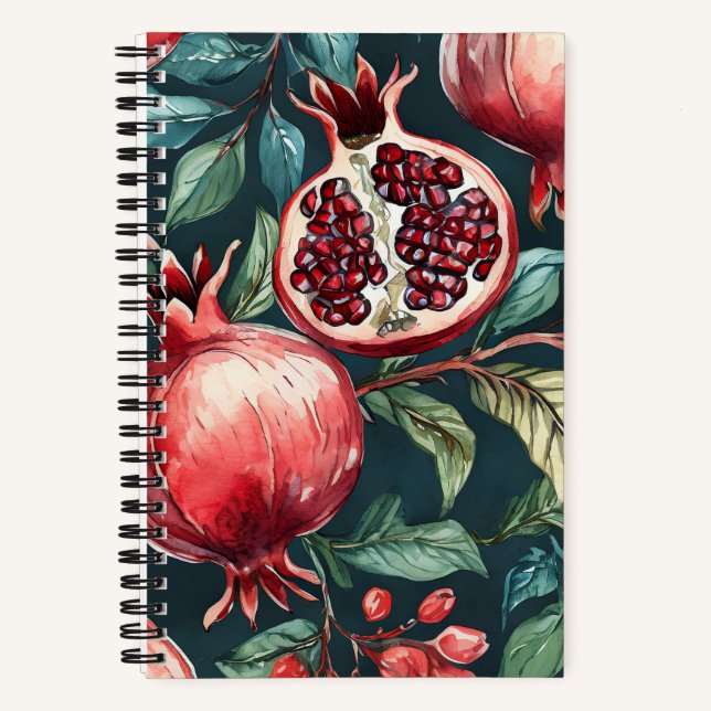 Festliche Aquarellmühle Granatapfelfrucht und Blät Notizbuch (Vorderseite)