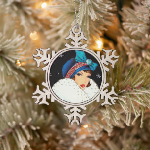festliche Art Deco Retro Vintage Dame Schneeflocken Zinn-Ornament