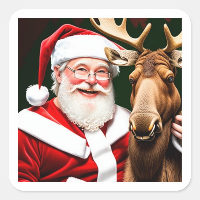 Festliche Aufkleber: Weihnachtsmann und Elchenzaub Quadratischer Aufkleber (Vorderseite)