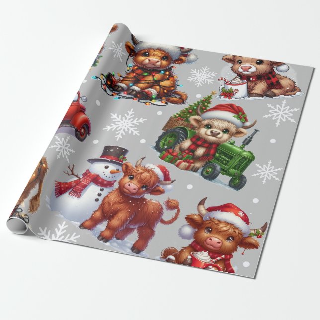 Festliche Berglandkuh, Weihnachtsbeleuchtung Landw Geschenkpapier (Ungerollt)