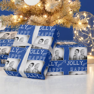 Festliche blau-weiße Typografie Weihnachtsfoto Geschenkpapier