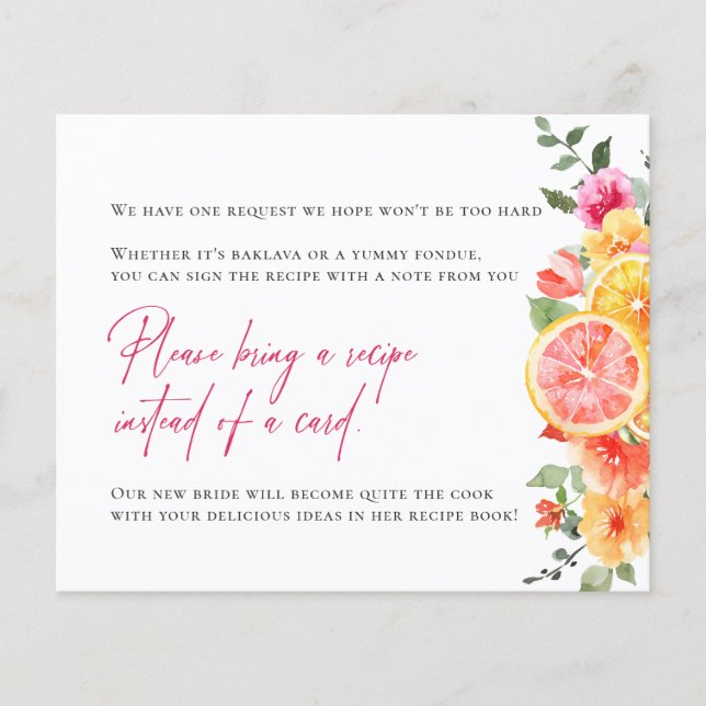 Festliche Blume Citrus Bridal Rezept Karte anforde (Vorderseite)