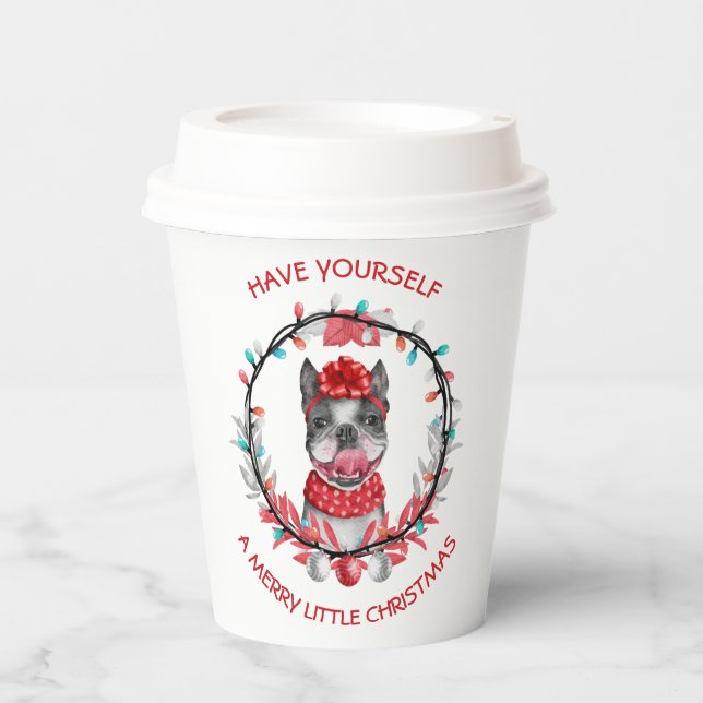 Festliche Boston Terrier Frohe Weihnachten Pappbecher (Vorderseite)