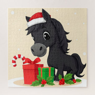 Festliche Cartoon-Schwarzes Pferd mit Santa-Hut