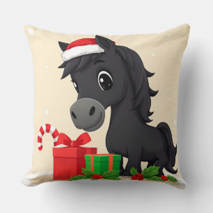 Festliche Cartoon-Schwarzes Pferd mit Santa-Hut Kissen