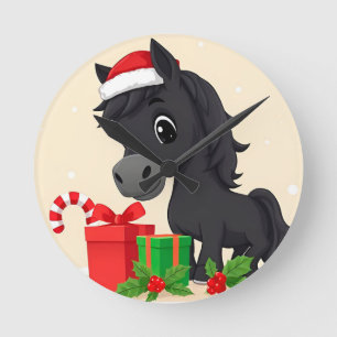Festliche Cartoon-Schwarzes Pferd mit Weihnachtsma Runde Wanduhr