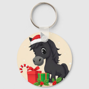 Festliche Cartoon-Schwarzes Pferd mit Weihnachtsma Schlüsselanhänger