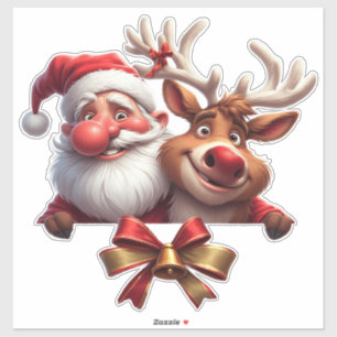 Festliche Cartoon-Weihnachtsmann und Rentier Aufkleber