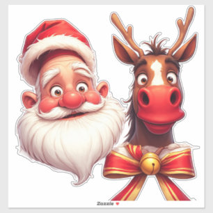 Festliche Cartoon-Weihnachtsmann und Rentier Aufkleber