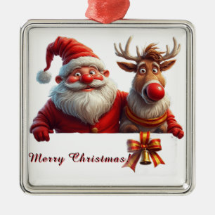 Festliche Cartoon-Weihnachtsmann und Rentier Ornament Aus Metall