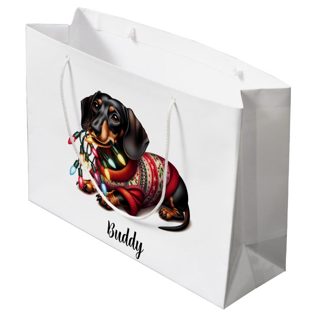 Festliche Dackel Delight Geschenktasche Große Geschenktüte (Rückseite Schrägansicht)