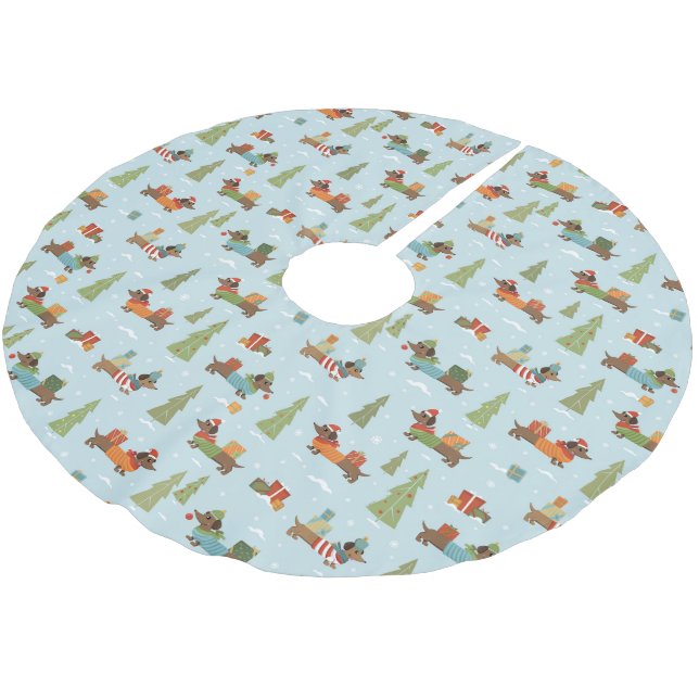 Festliche Dackeln im Schneemuster Polyester Weihnachtsbaumdecke (Schrägansicht)