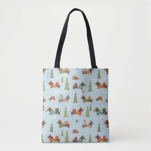 Festliche Dackeln im Schneemuster Tasche (Vorderseite)