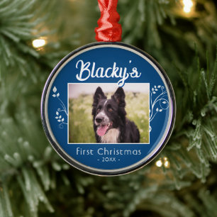 Festliche erste Weihnachten Welpe Foto Foliage Blu Ornament Aus Metall