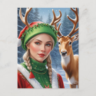 Festliche Fantasy-Blondine und Hirschfest Weihnach Postkarte