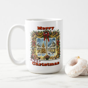Festliche Fensteransicht mit Schnee Kaffeetasse