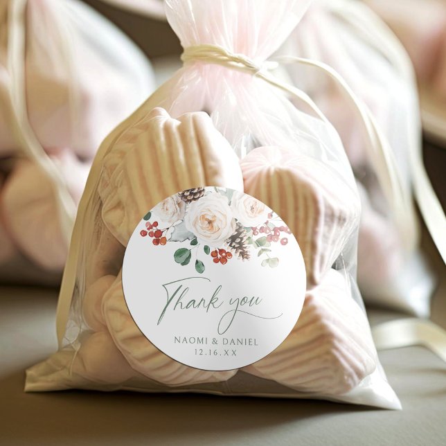 Festliche florale Winterhochzeit Danke-Schön-Gesch Runder Aufkleber (Festive Floral Winter Wedding thank you favors Classic Round Sticker)