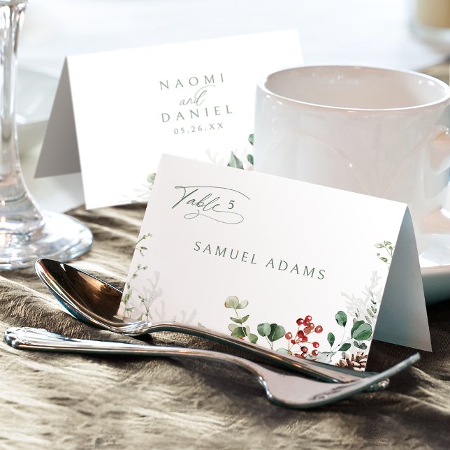 Festliche florale Winterhochzeit Klappkarte Tischnummer (Festive Floral Winter Wedding Foldable Place Card)