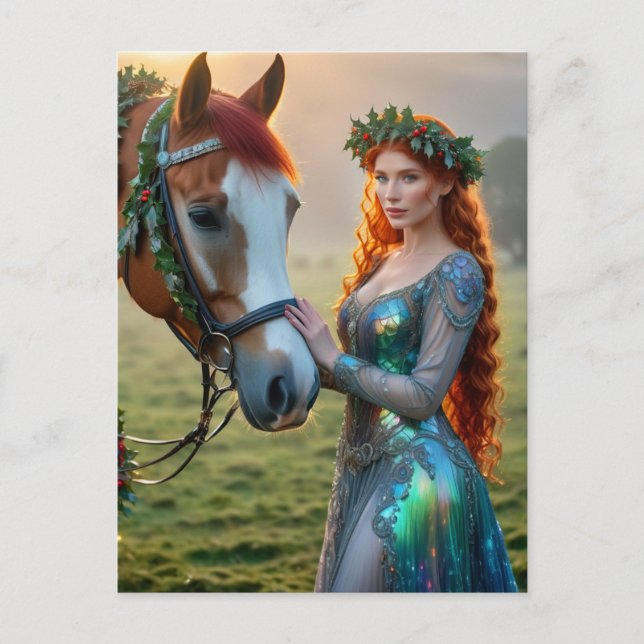 Festliche Frau und ihr Pferd Weihnachten Postkarte (Vorderseite)