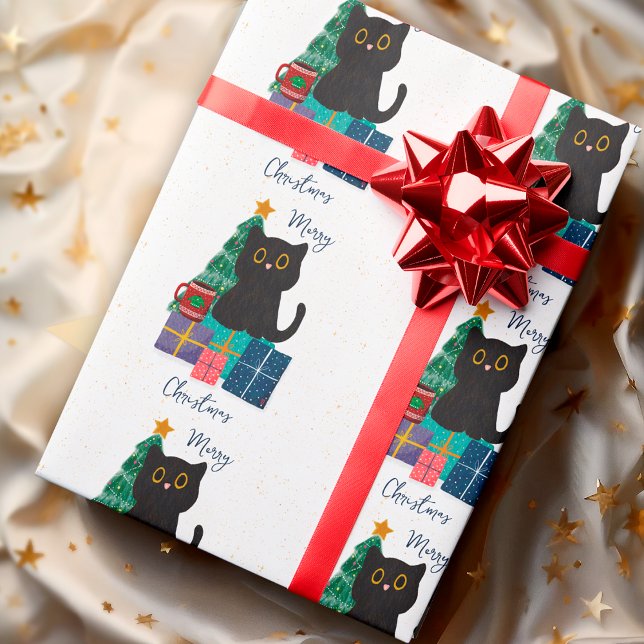Festliche Frohe Weihnachten Niedlicher Black Cat K Geschenkpapier (Von Creator hochgeladen)