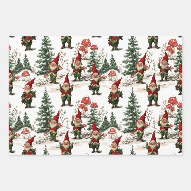 Festliche Gnome und Pilz-Wald Weihnachten Geschenkpapier Set (Vorderseite 3)