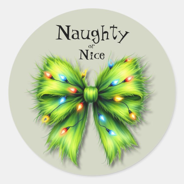 Festliche grüne Furry Bow-Lights naughty oder Nice Runder Aufkleber (Vorderseite)