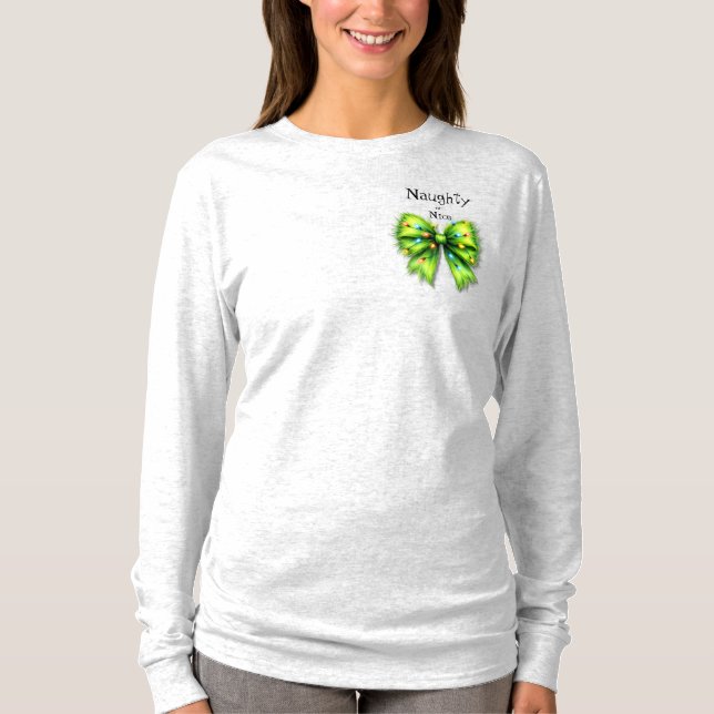 Festliche grüne Furry Bow-Lights naughty oder Nice T-Shirt (Vorderseite)