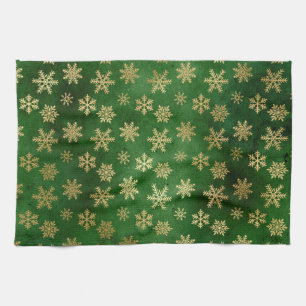 Festliche grüne und goldene Folien-Winterschneeflo Geschirrtuch
