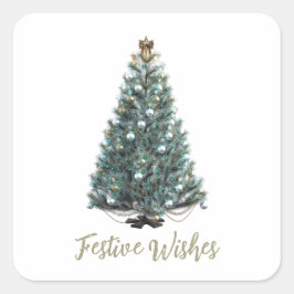 Festliche Grüße. Weihnachtsbaum-Design Quadratischer Aufkleber