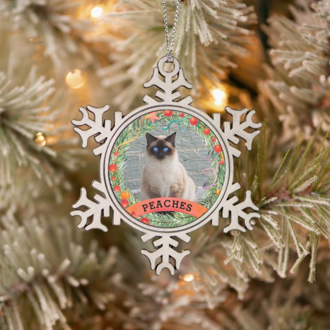 Festliche Haustiere Foto Berry Wreath Weihnachten  Schneeflocken Zinn-Ornament (Baum)