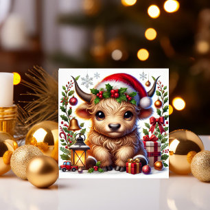 Festliche Highland-Kuh in Santa-Mütze Feiertagskarte