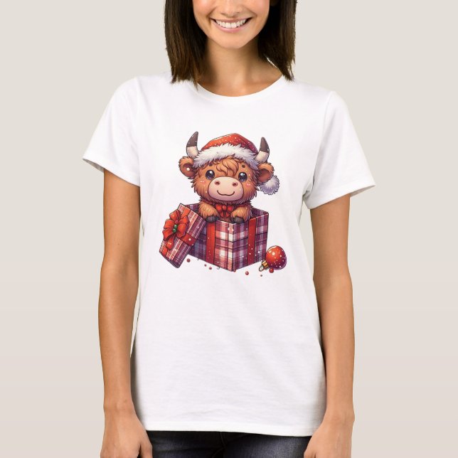 Festliche Hochlandkuh in der Geschenkboxen Weihnac T-Shirt (Vorderseite)