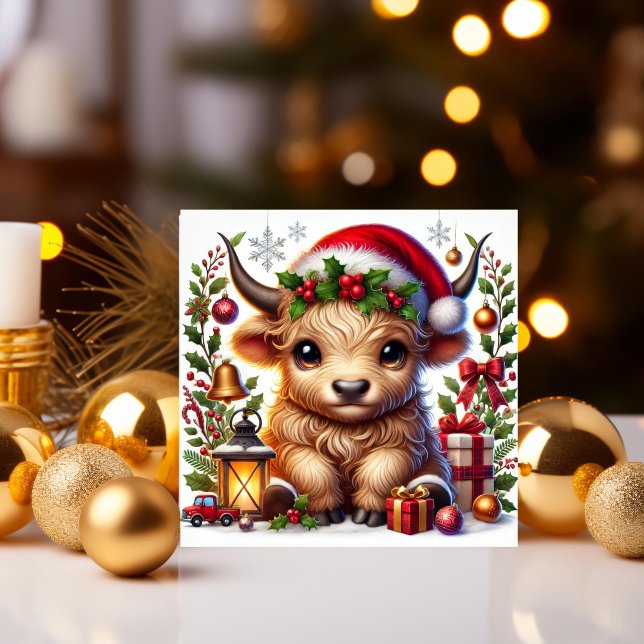 Festliche Hochlandkuh in Weihnachtsmannmütze Feiertagskarte (Von Creator hochgeladen)