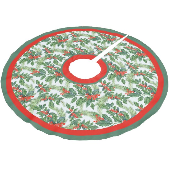 Festliche Holly-Grüntöne, Pine Boughs und Red Berr Polyester Weihnachtsbaumdecke (Schrägansicht)