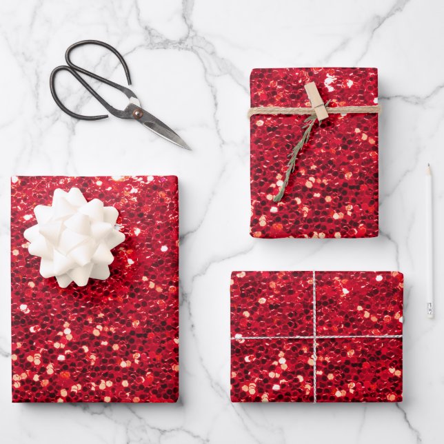 Festliche Imitate Roter Glitzer Party Weihnachten Geschenkpapier Set (Vorderseite)