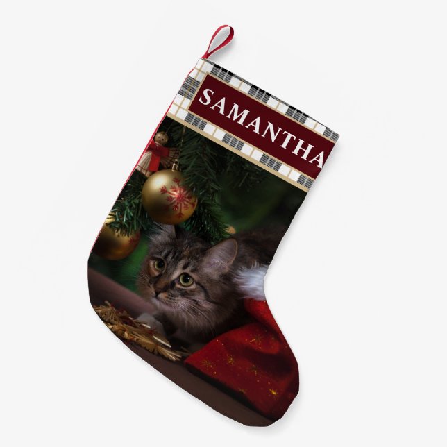 Festliche Karierte Hauskatze Foto Weihnachten Stru Kleiner Weihnachtsstrumpf (Vorderansicht (hängend))