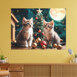 Festliche Kätzchen am Weihnachtsbaum unter Vollmon Leinwanddruck